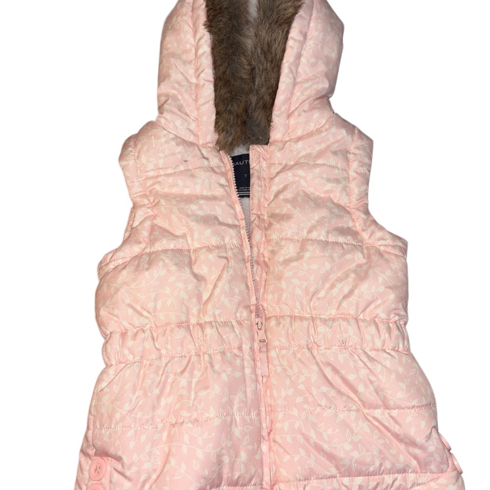 Nautica Pink Hooded Puffer Vest with Faux Fur Trim - girls